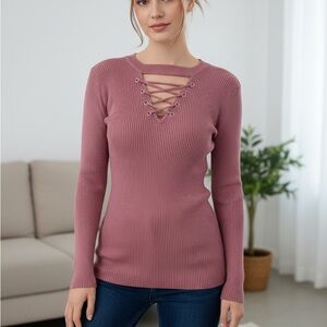 Lace-Up Ribbed Sweater in Mauve